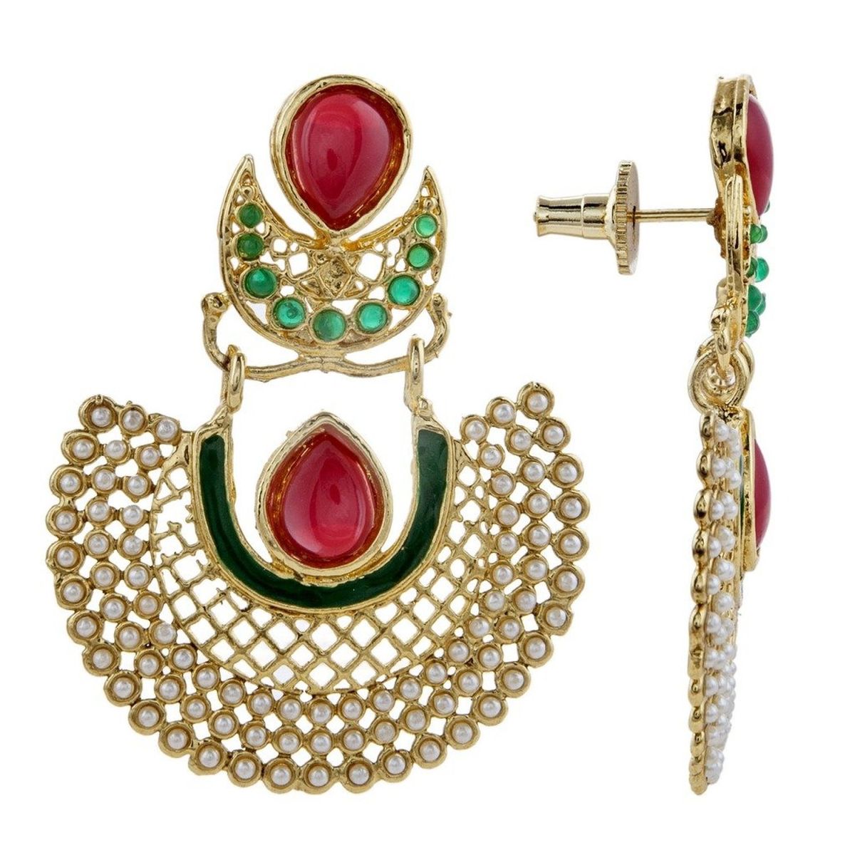 Chaand Red Green Gold Plated Pearl Bali Earring For Women Bulk