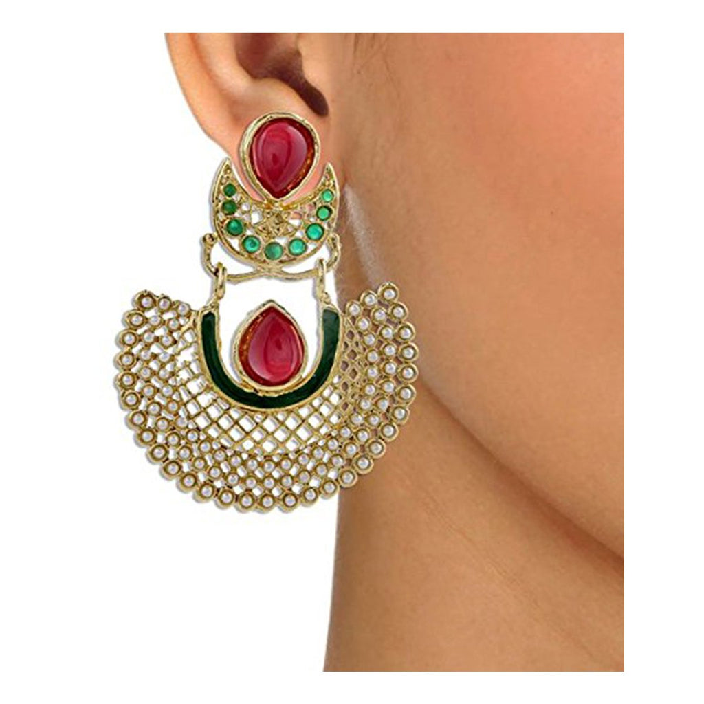 Chaand Red Green Gold Plated Pearl Bali Earring For Women Bulk