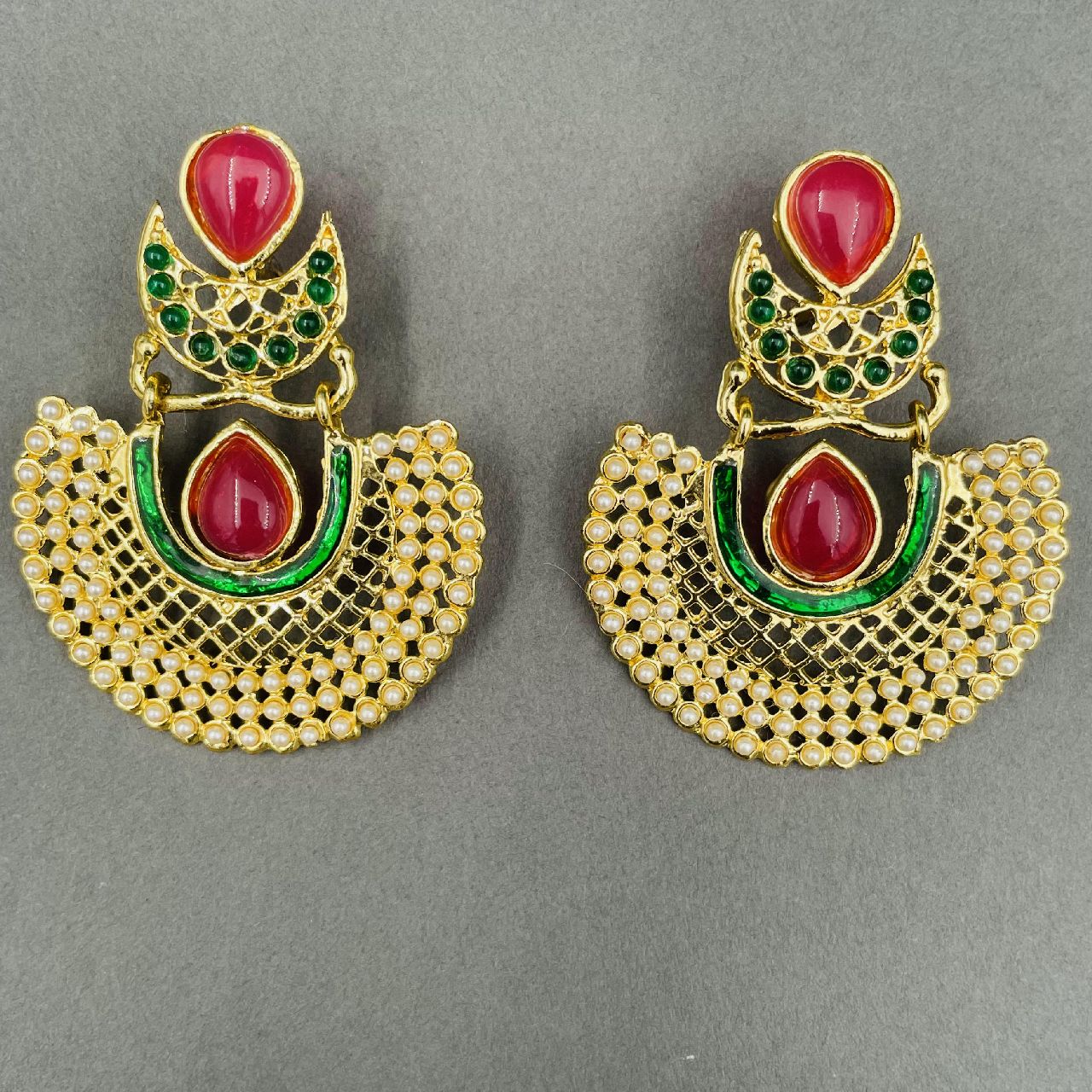 Chaand Red Green Gold Plated Pearl Bali Earring For Women Bulk Main image