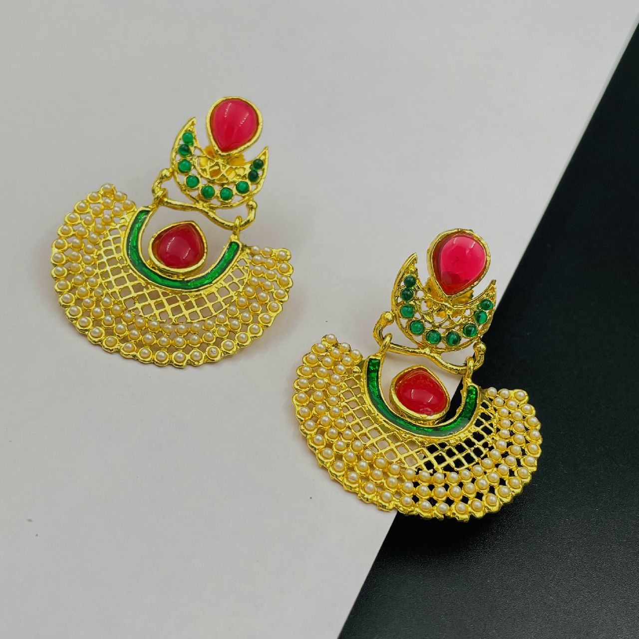 Chaand Red Green Gold Plated Pearl Bali Earring For Women Bulk Secondary image
