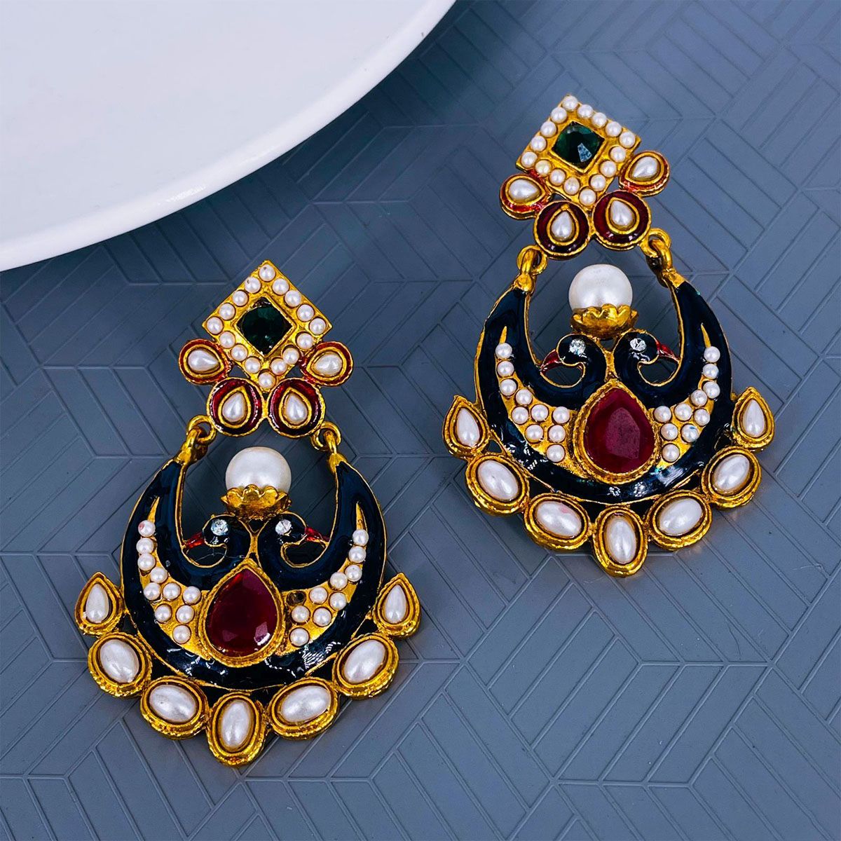 Chaand Peacok Red Green Gold Plated Pearl Bali Earring For Women Bulk Main image