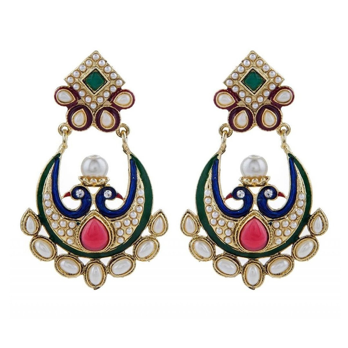 Chaand Peacok Red Green Gold Plated Pearl Bali Earring For Women Bulk