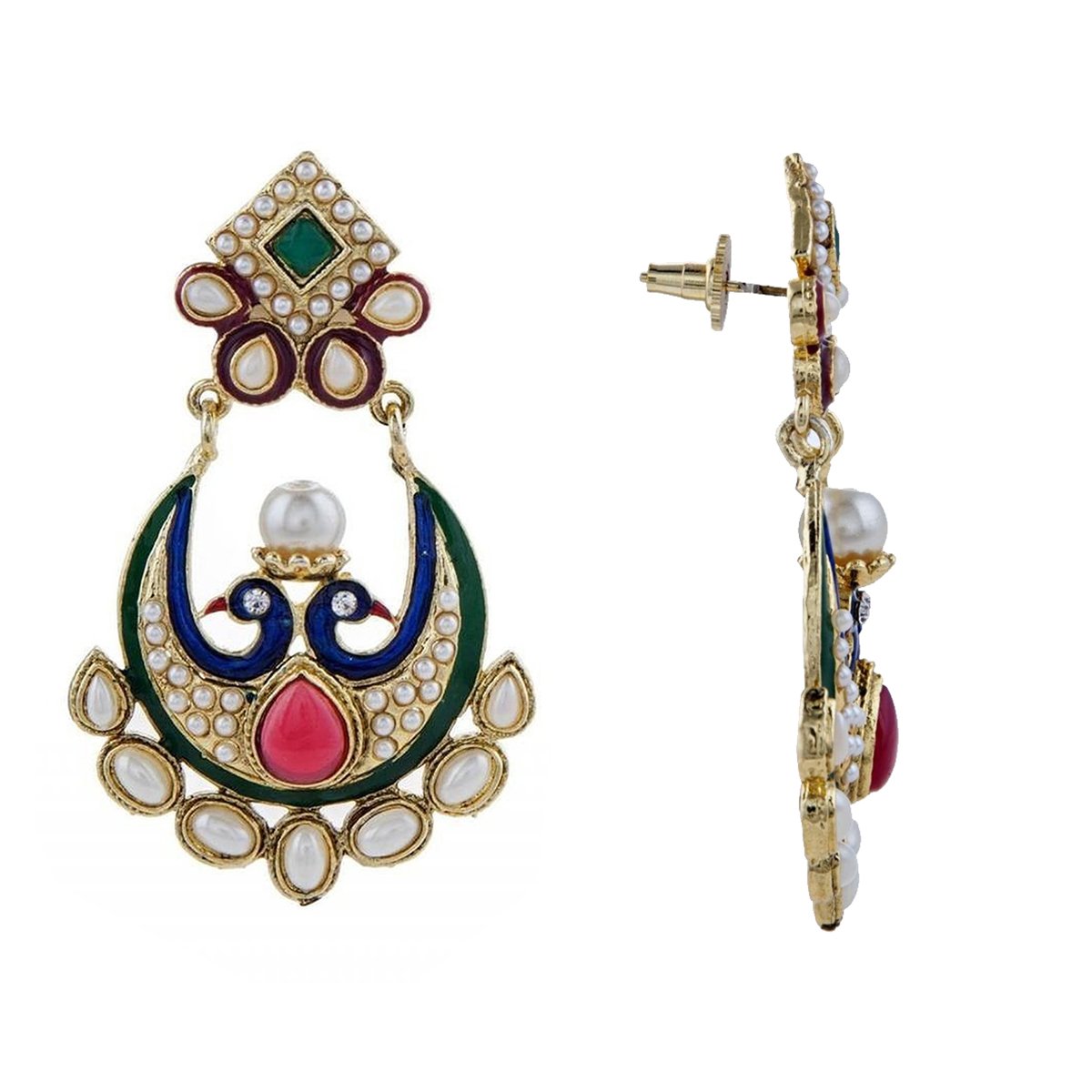 Chaand Peacok Red Green Gold Plated Pearl Bali Earring For Women Bulk