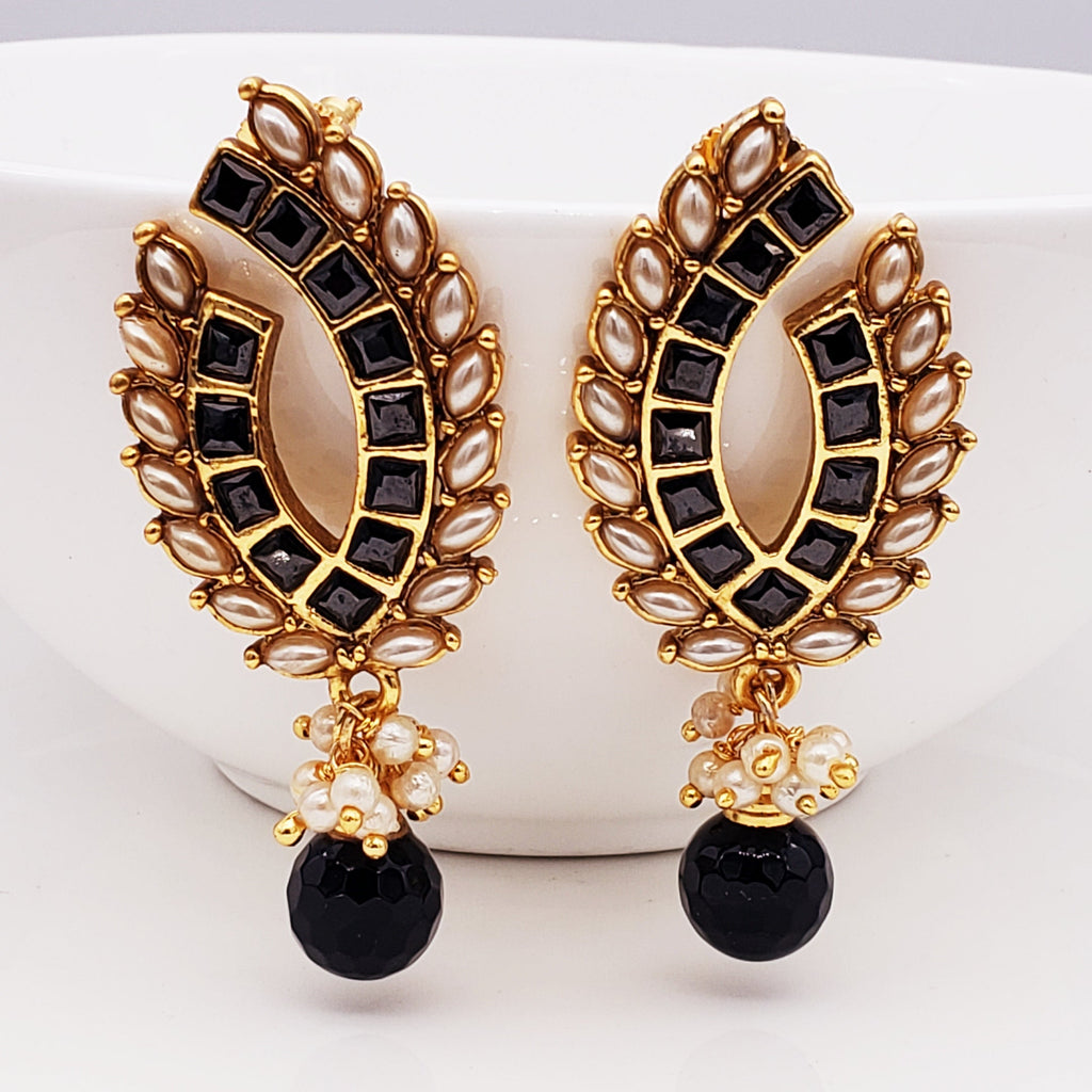 Black Baguette Pearl Gold Plated Traditional Designer Earring Bulk