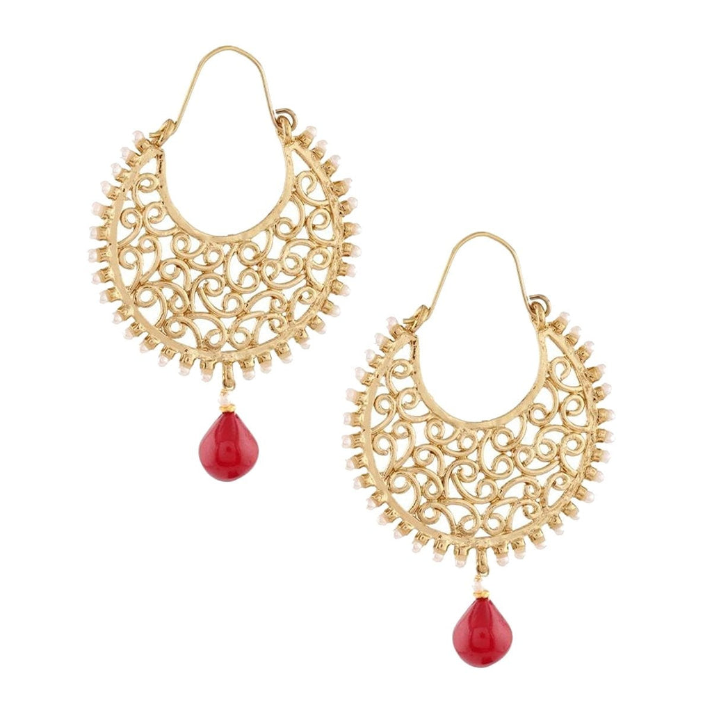 Gold Plated Filigree Pearl Ruby Red Chaand Bali Earring Bulk