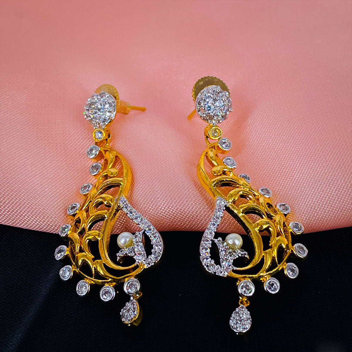 American Diamond Gold Gold-Plated Dangle & Drop Earring For Women