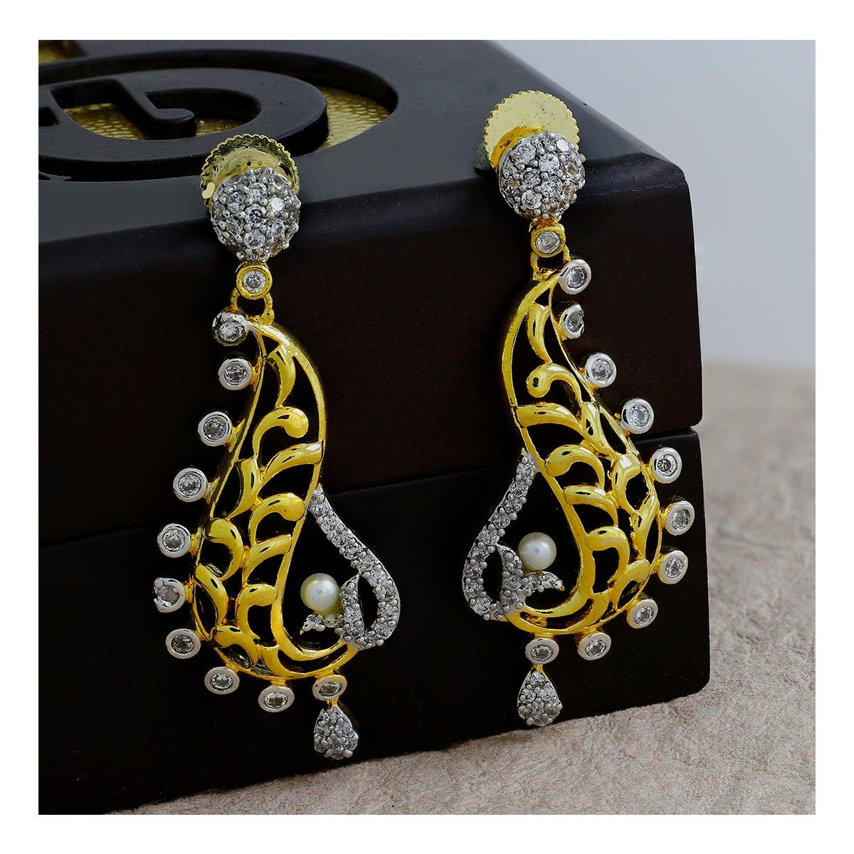 American Diamond Gold Gold-Plated Dangle & Drop Earring For Women