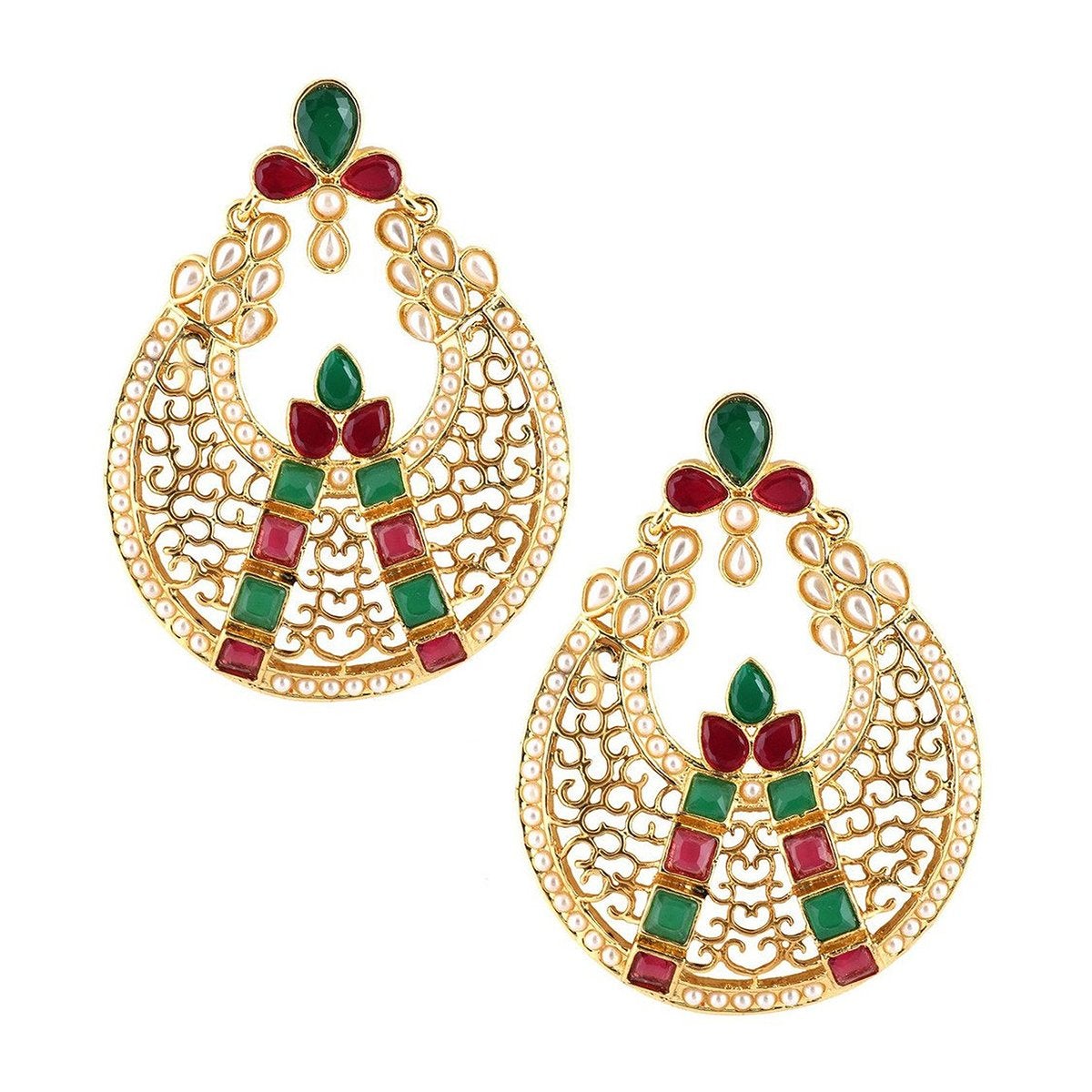 Filigree Gold Plated Red Green Chaand Bali Earring For Women Bulk Main image