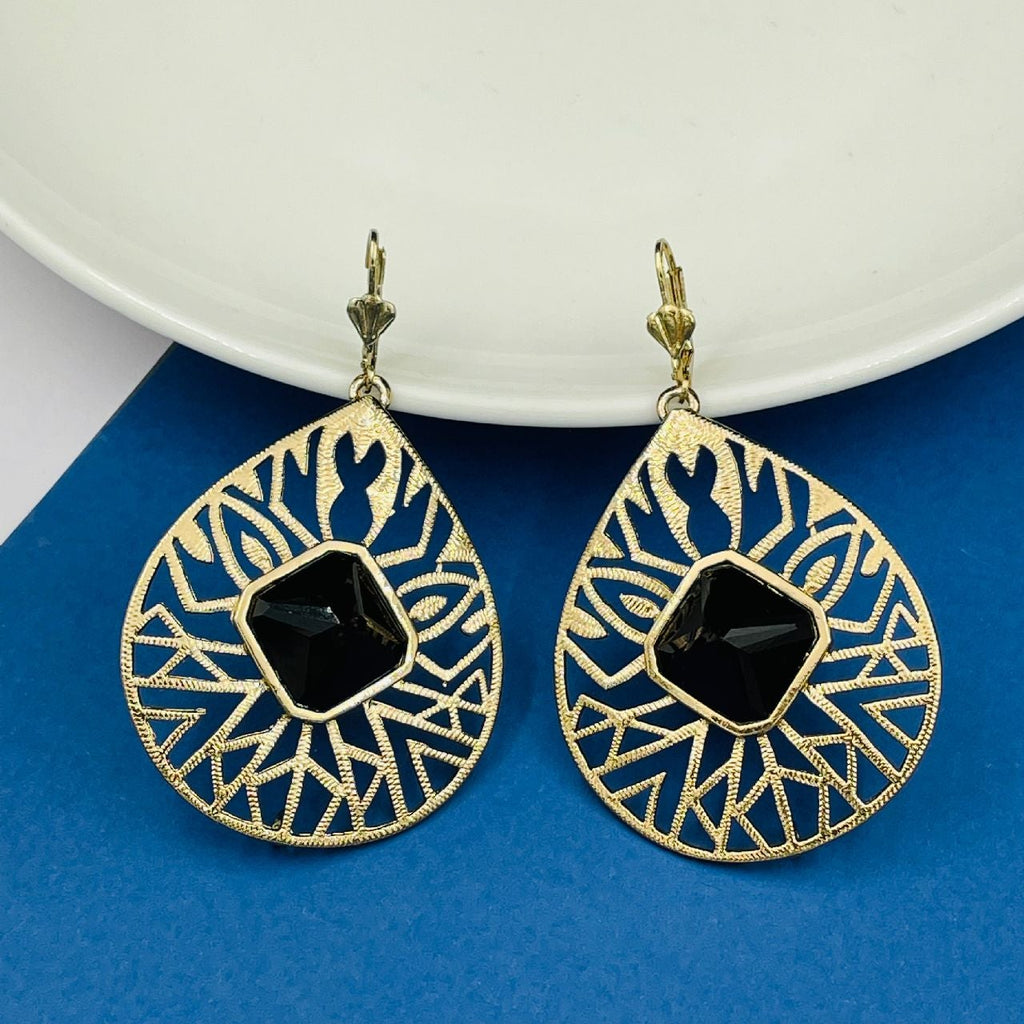 18K Gold Plated Filigree Black Stone Dangling Earring For Women Bulk