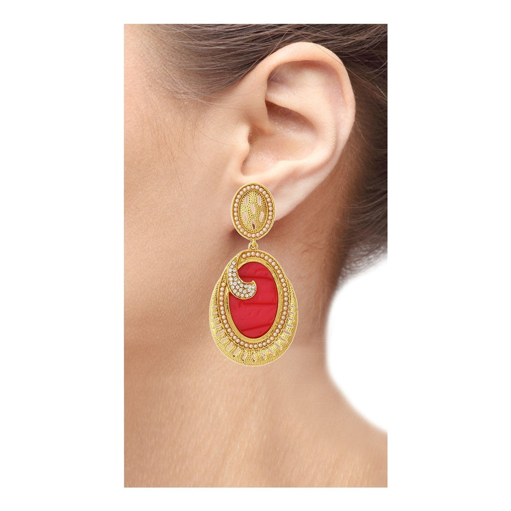 18K Gold Plated Red Stone Pearl Dangling Earring For Women Bulk