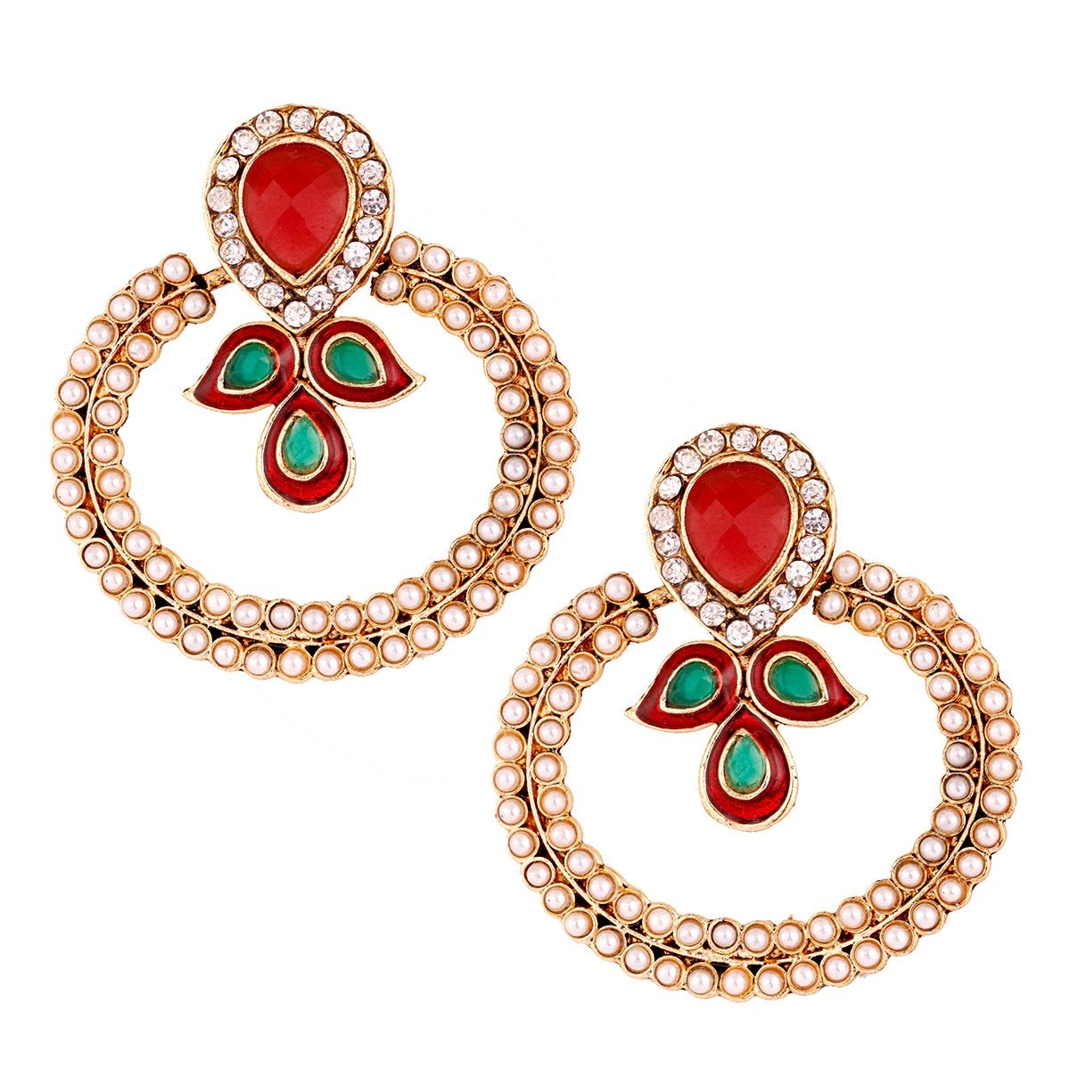 Gold Pearl CZ Maroon Green Meenakari Chaand Bali Earring Women Bulk Main image