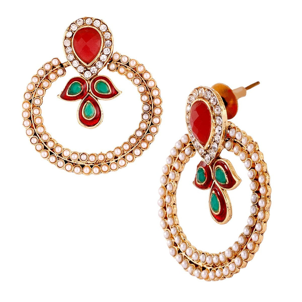 Gold Pearl CZ Maroon Green Meenakari Chaand Bali Earring Women Bulk
