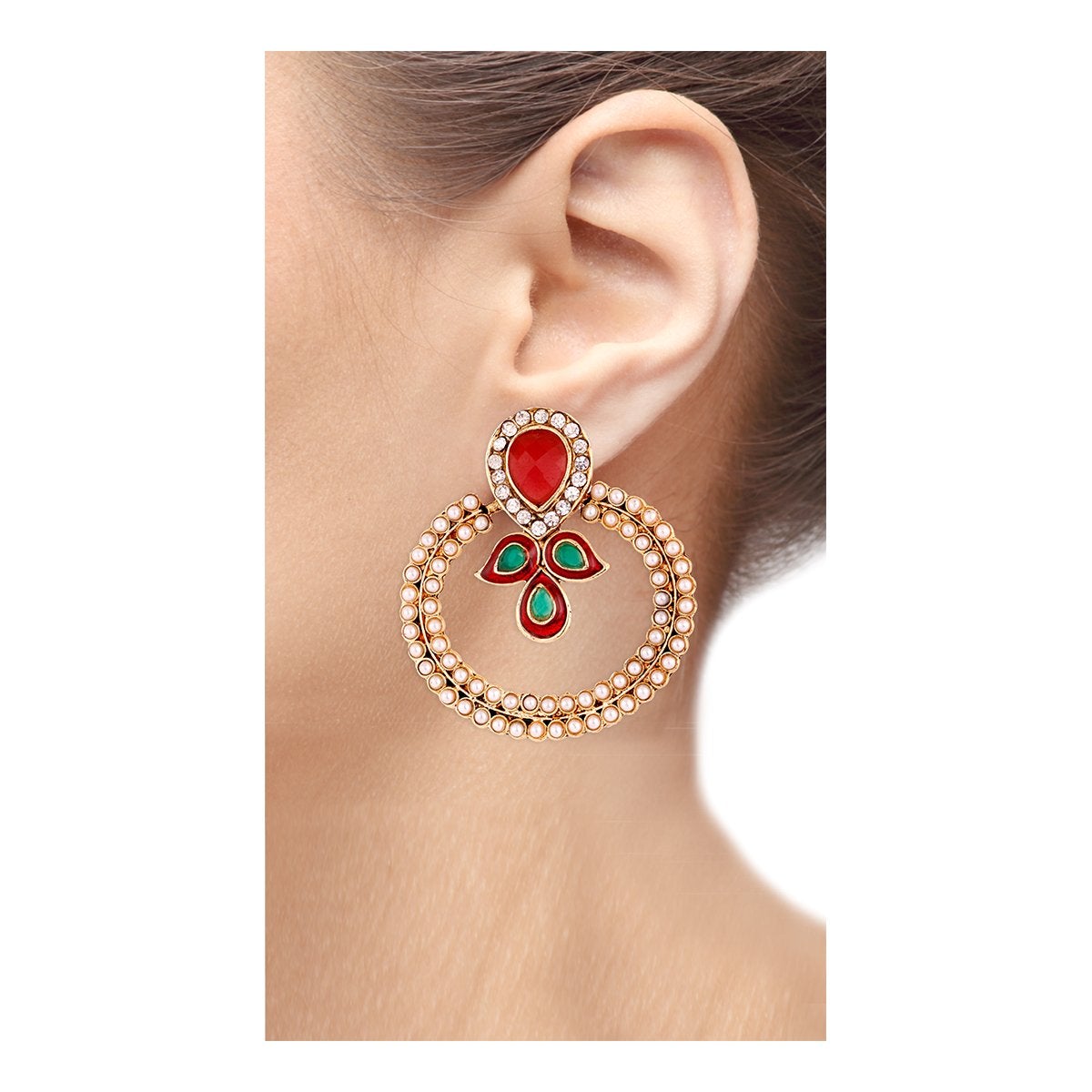 Gold Pearl CZ Maroon Green Meenakari Chaand Bali Earring Women Bulk