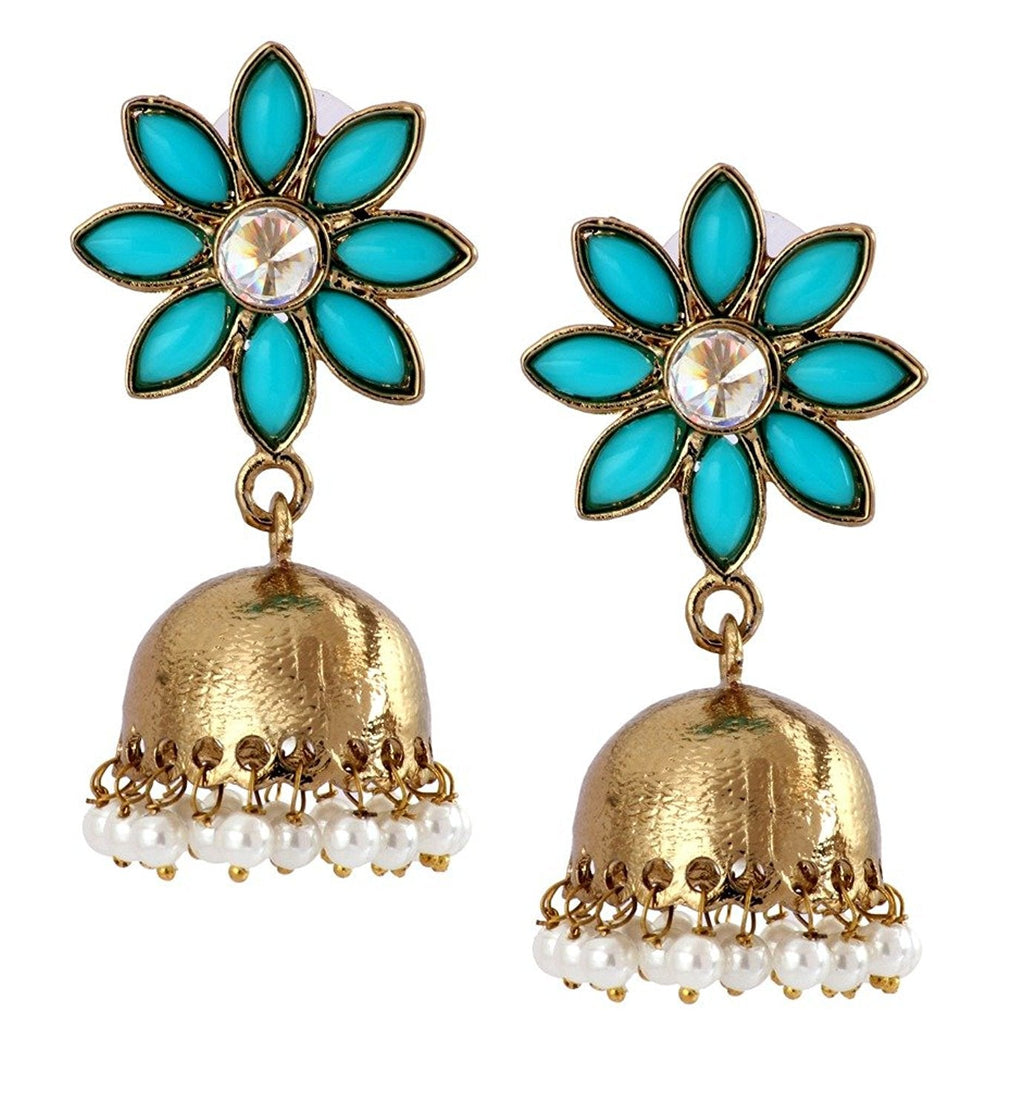 Cute Flower Gold Plated Turquoise Blue Pearl Jhumki Earring Women Bulk