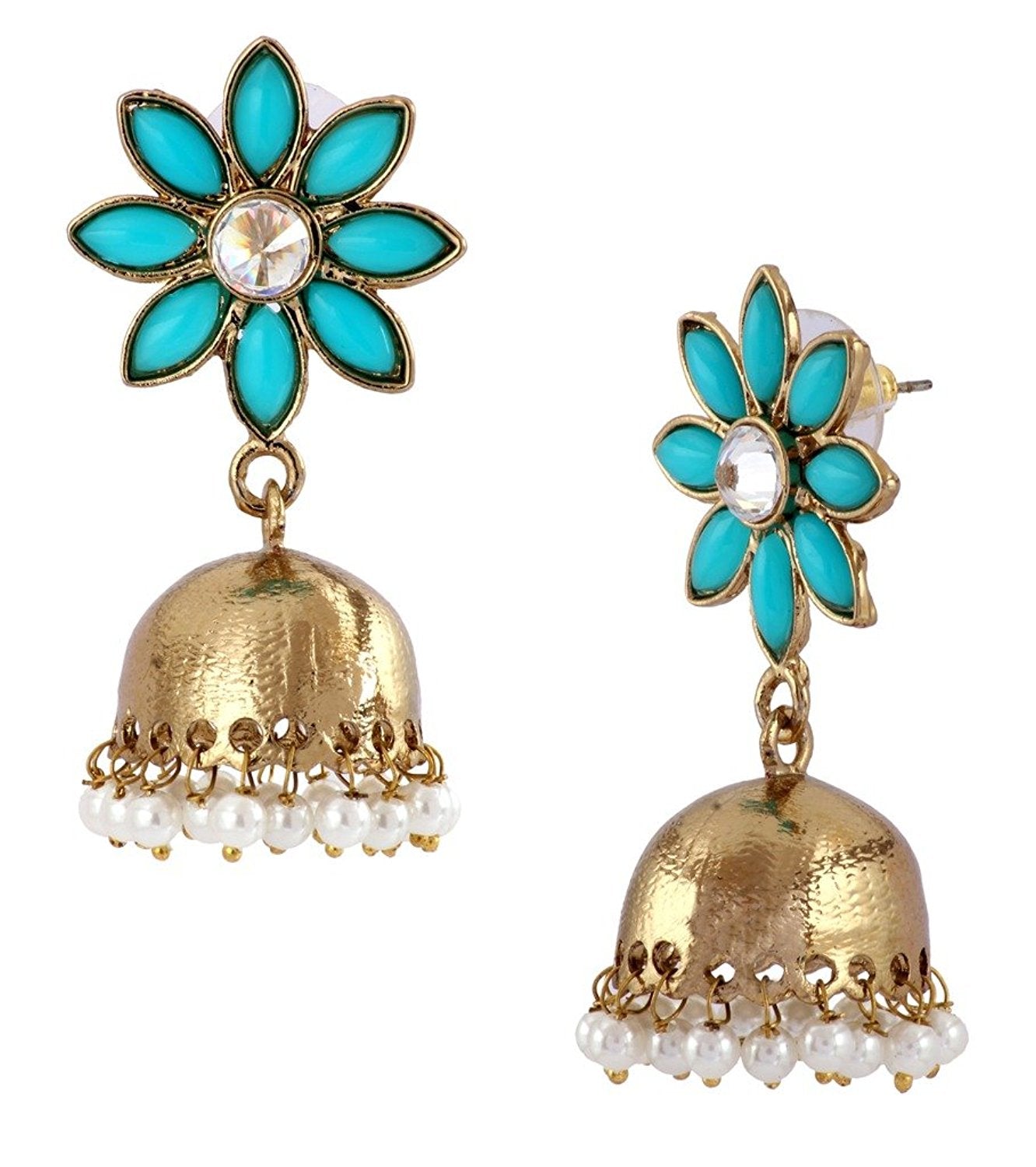 Cute Flower Gold Plated Turquoise Blue Pearl Jhumki Earring Women Bulk