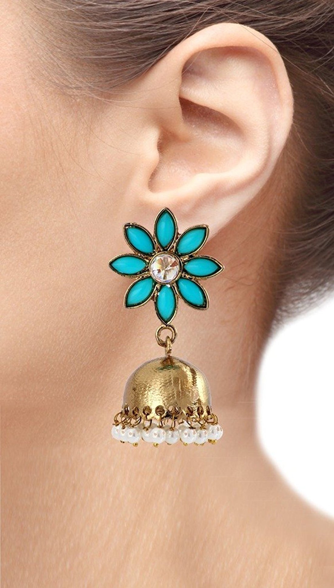 Cute Flower Gold Plated Turquoise Blue Pearl Jhumki Earring Women Bulk