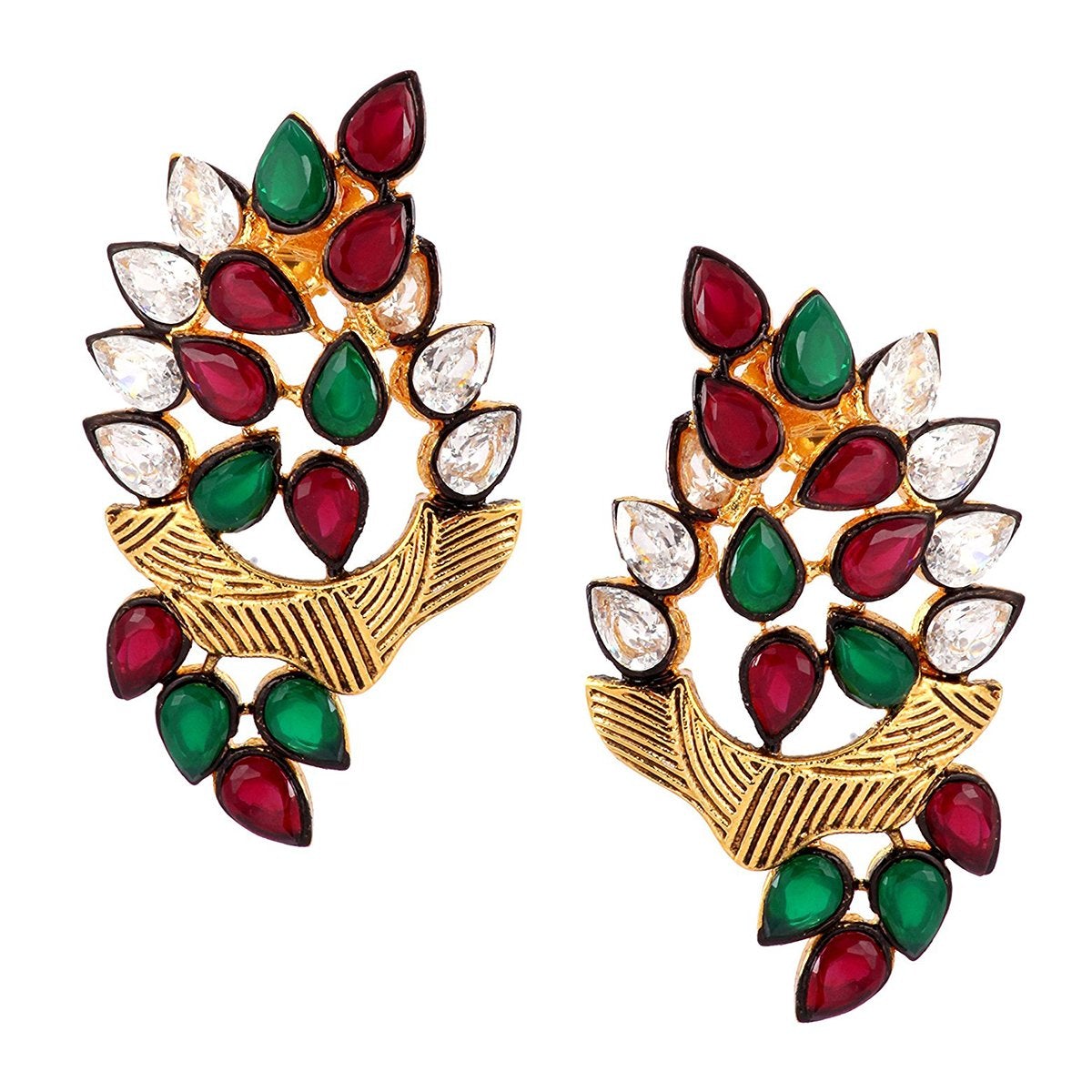 Floral Marquise 18K Gold Green Maroon Kundan Stud Earring Women Bulk