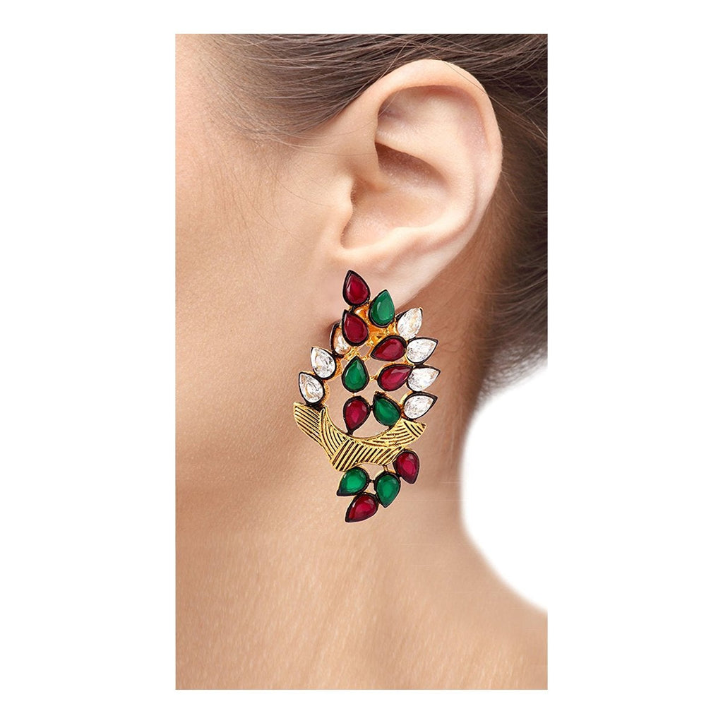 Floral Marquise 18K Gold Green Maroon Kundan Stud Earring Women Bulk