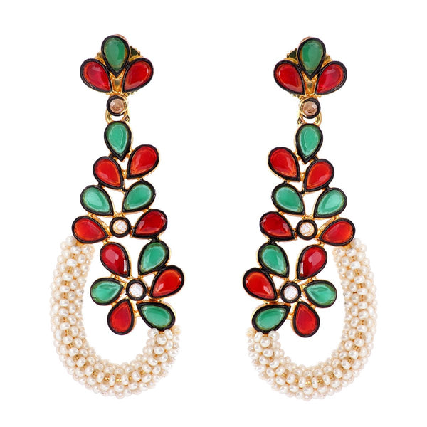 Floral Cluster Gold Plated Red Green Pearl Dangling Earring Women Bulk Main image
