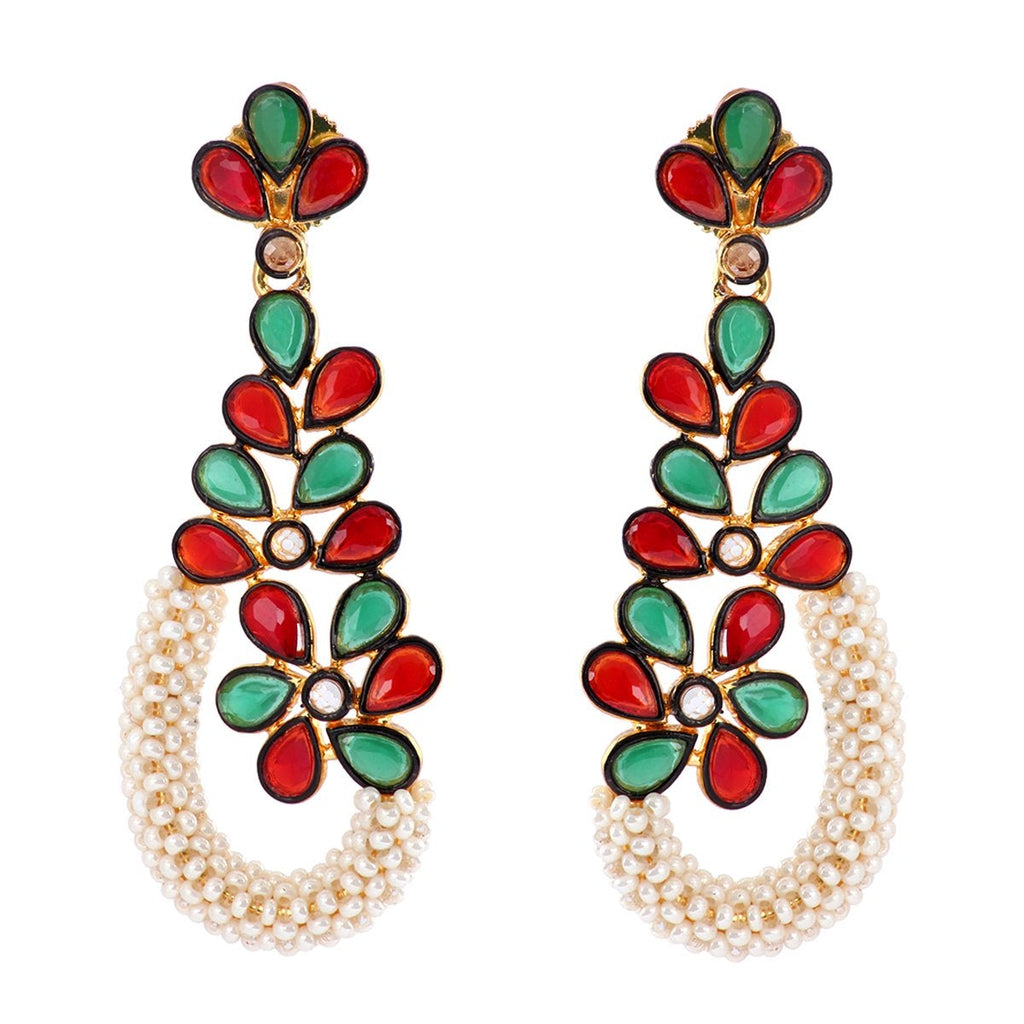 Floral Cluster Gold Plated Red Green Pearl Dangling Earring Women Bulk