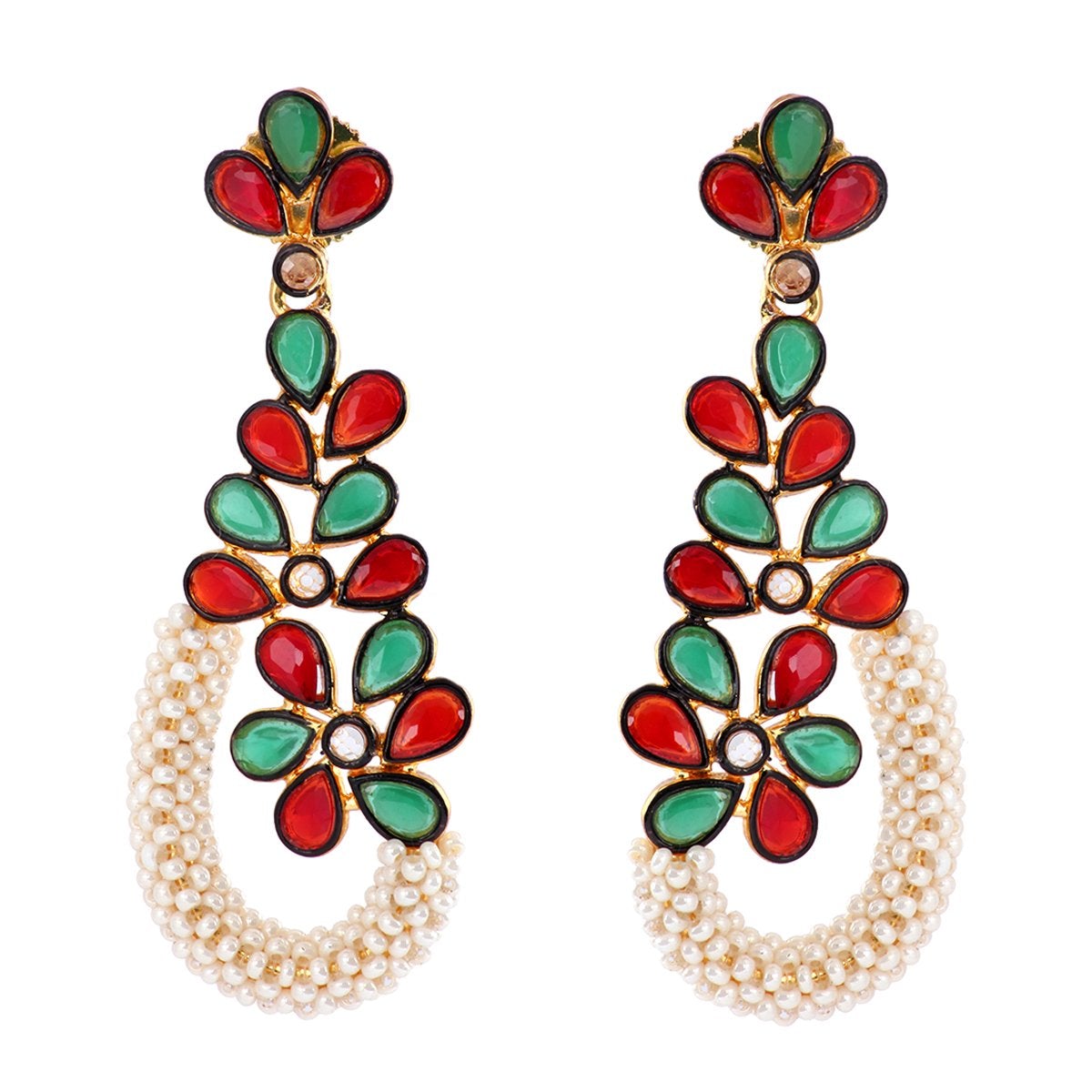 Floral Cluster Gold Plated Red Green Pearl Dangling Earring Women Bulk