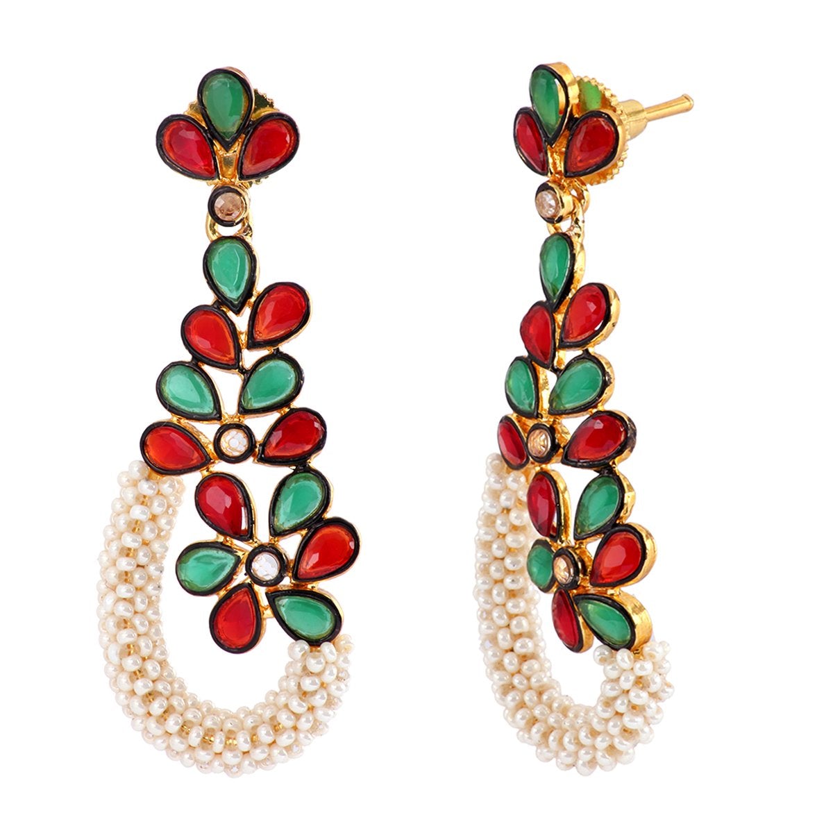 Floral Cluster Gold Plated Red Green Pearl Dangling Earring Women Bulk