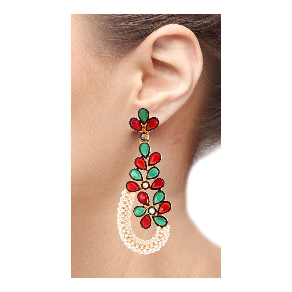 Floral Cluster Gold Plated Red Green Pearl Dangling Earring Women Bulk