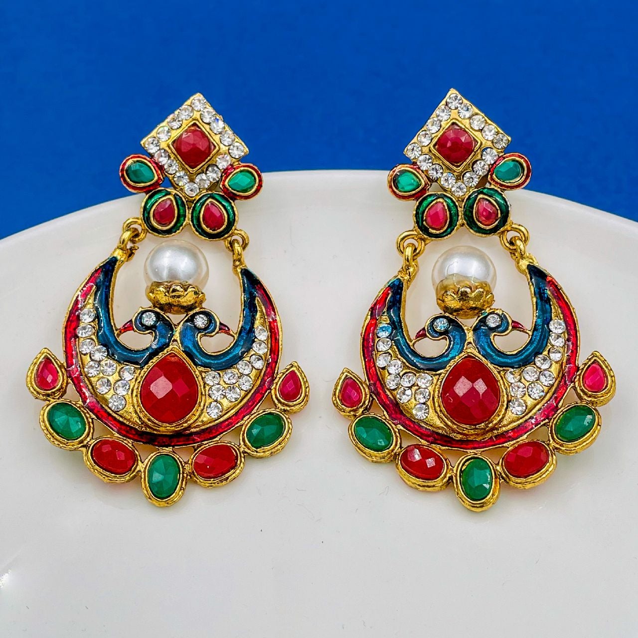 Peacock 22K Gold Red Blue Green Pearl CZ Dangling Earring Women Bulk