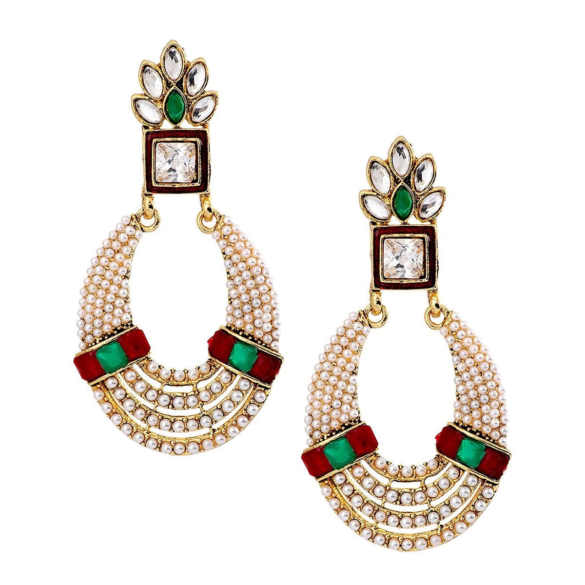 Oval Chaand Bali Gold Red Green Pearl CZ Dangling Earring Women Bulk Main image