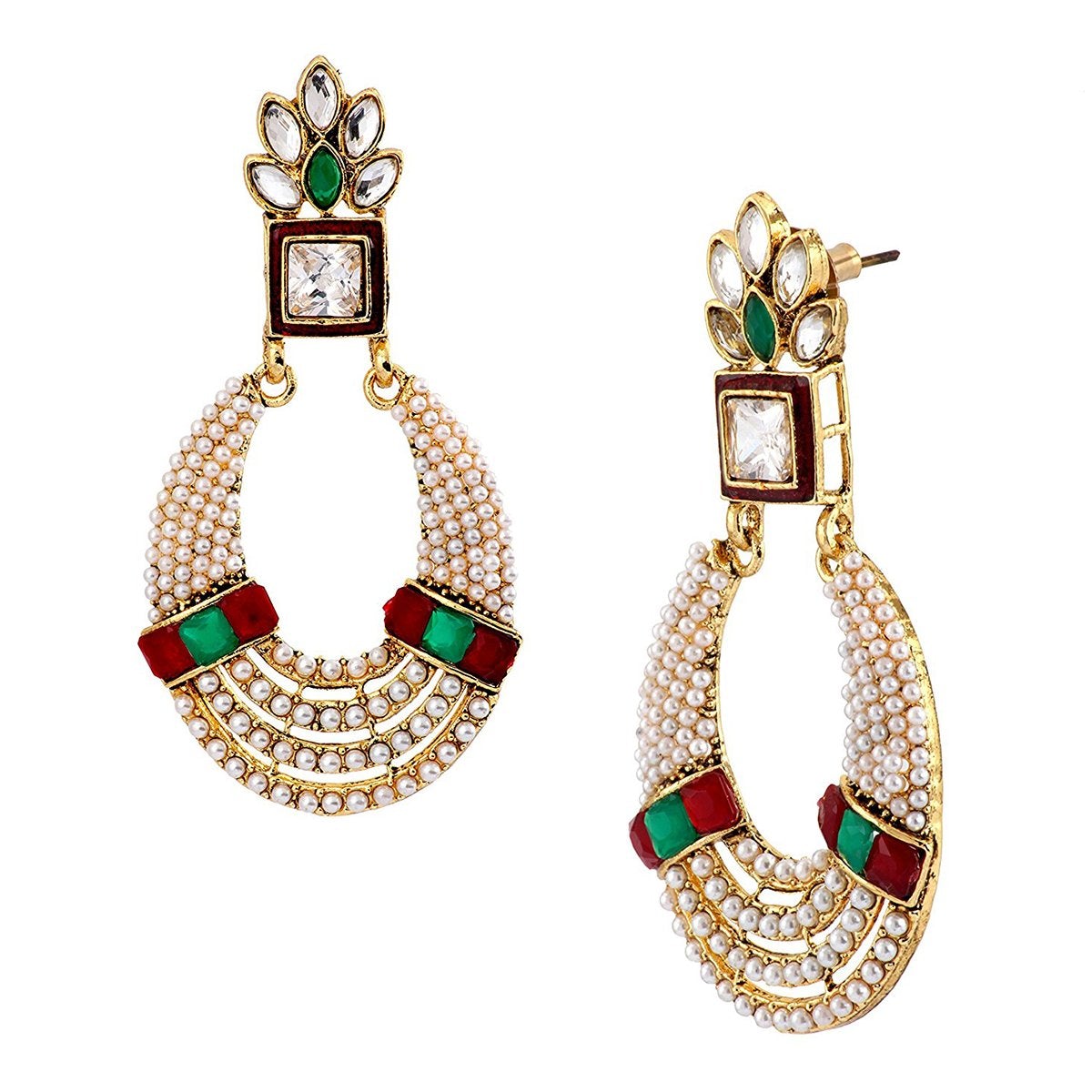 Oval Chaand Bali Gold Red Green Pearl CZ Dangling Earring Women Bulk