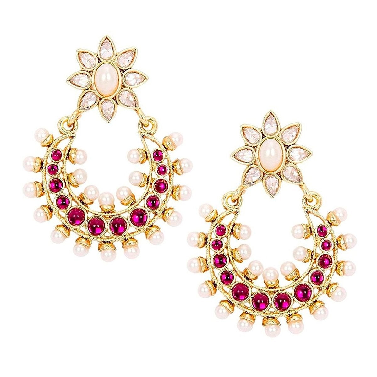 Chaand Crescent Gold Magenta Pink Kundan Pearl Dangling Earring Bulk Main image