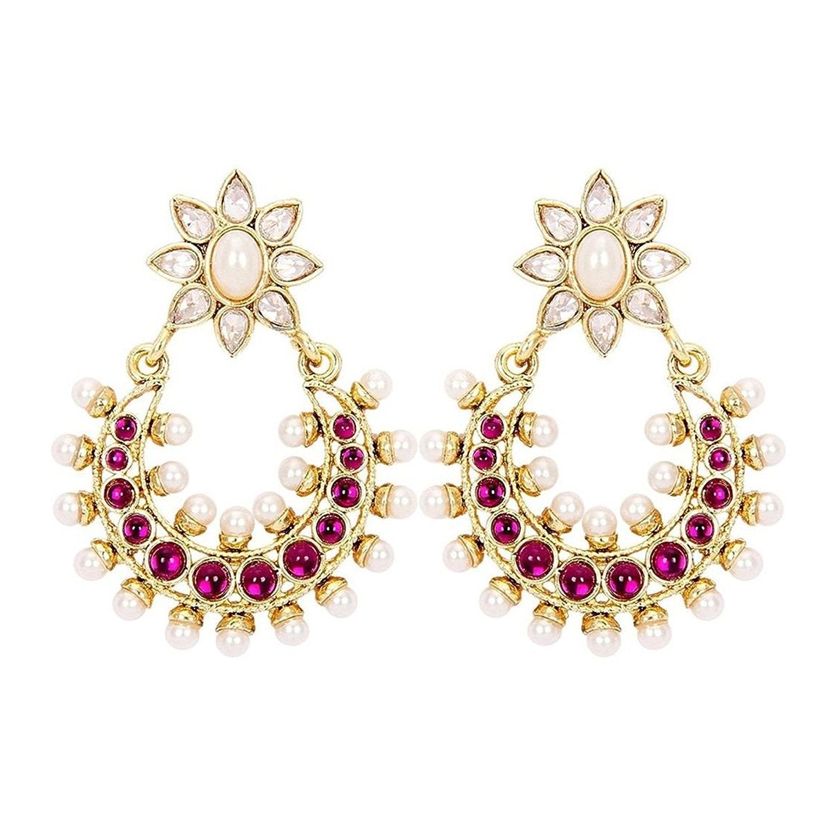 Chaand Crescent Gold Magenta Pink Kundan Pearl Dangling Earring Bulk Secondary image