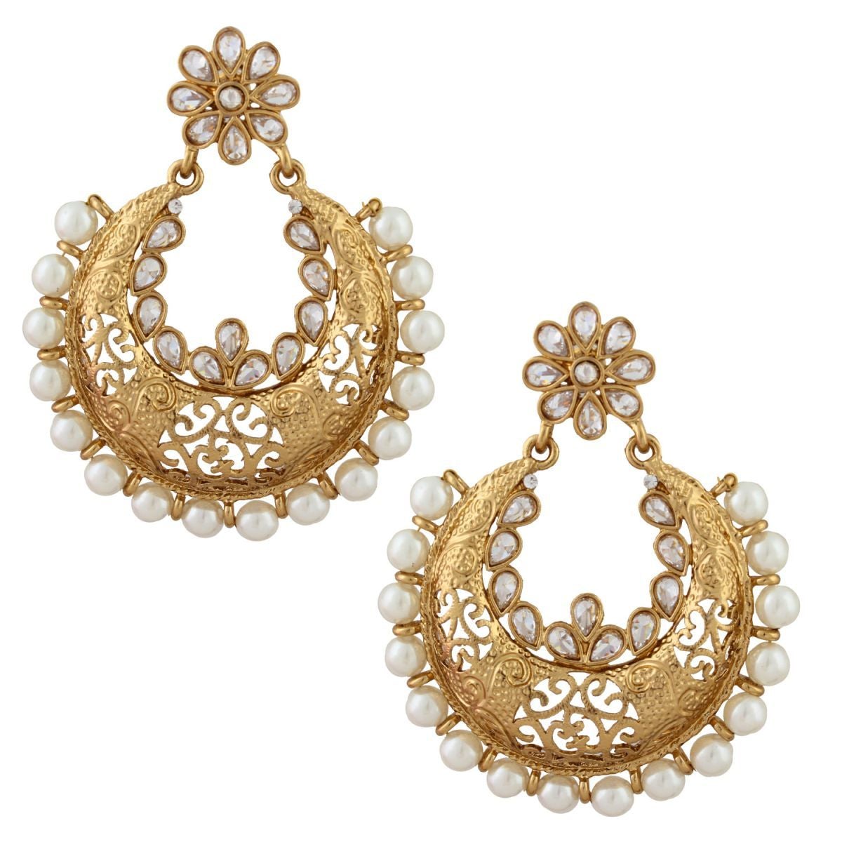 Festive Kundan Pearl Antque Gold Plated Chaand Bali Earring For Women Main image