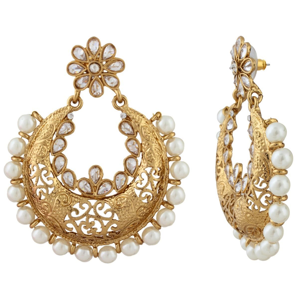 Festive Kundan Pearl Antque Gold Plated Chaand Bali Earring For Women