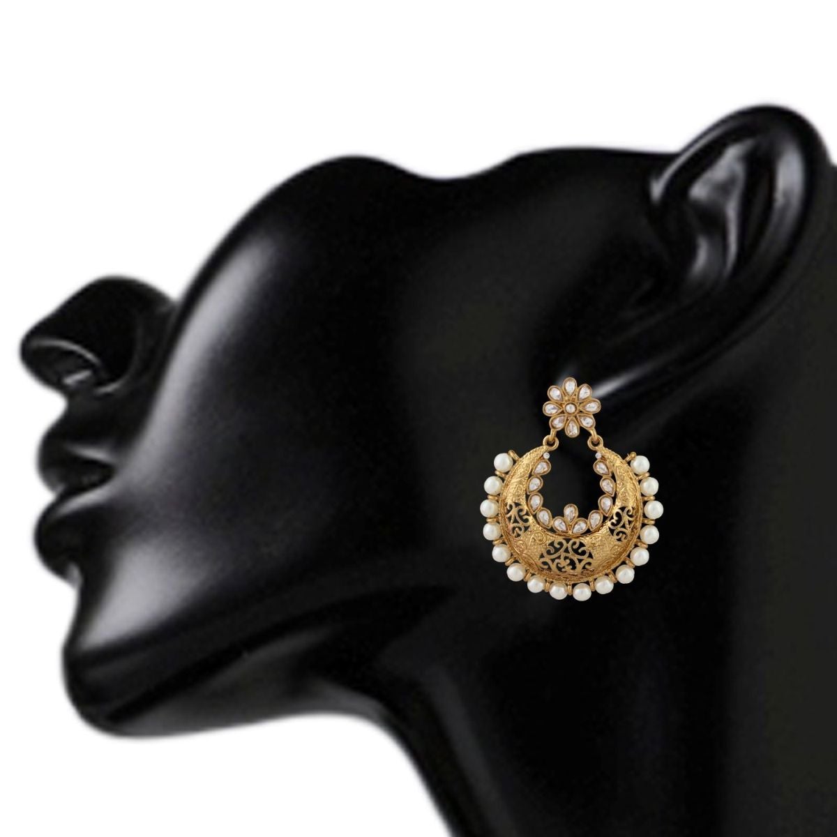 Festive Kundan Pearl Antque Gold Plated Chaand Bali Earring For Women