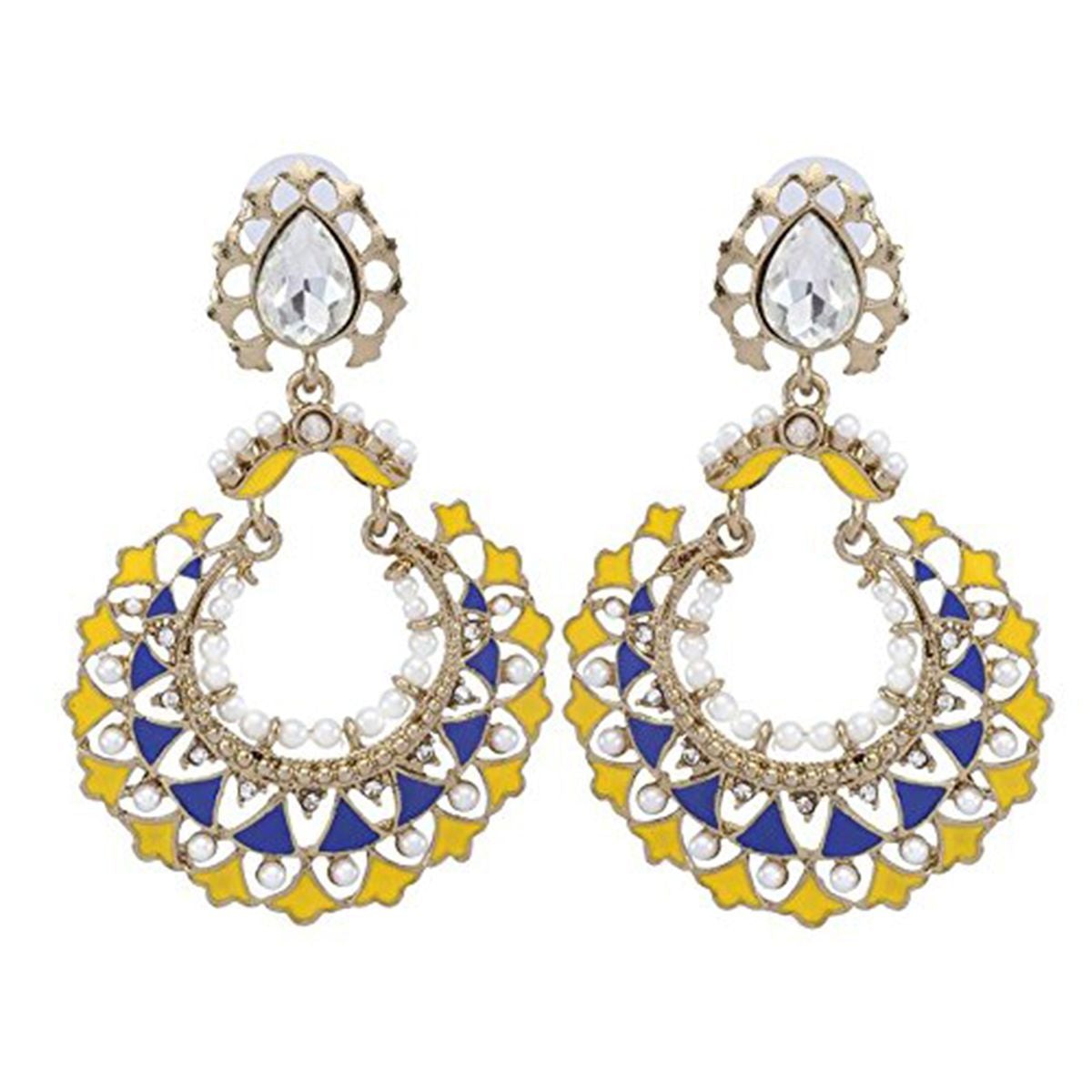 Gold Plated Blue Yellow Meenakari Large Chaand Bali Earring Women Bulk Main image