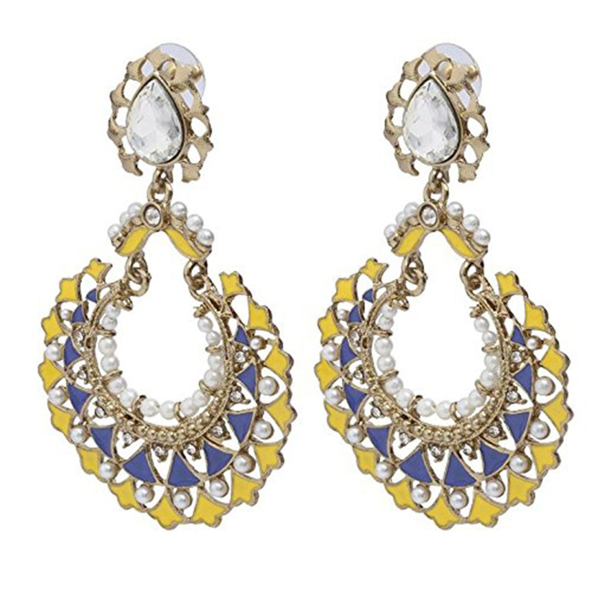 Gold Plated Blue Yellow Meenakari Large Chaand Bali Earring Women Bulk Secondary image