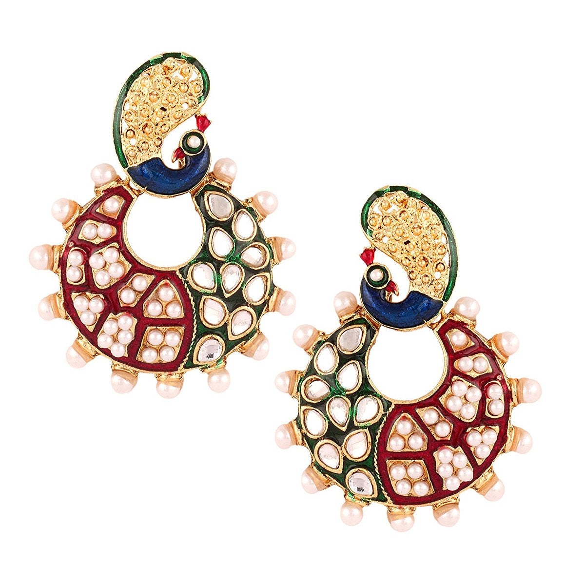 Peacock Chaand Bali Gold Maroon Green Blue Pearl Jhumki Earring Bulk