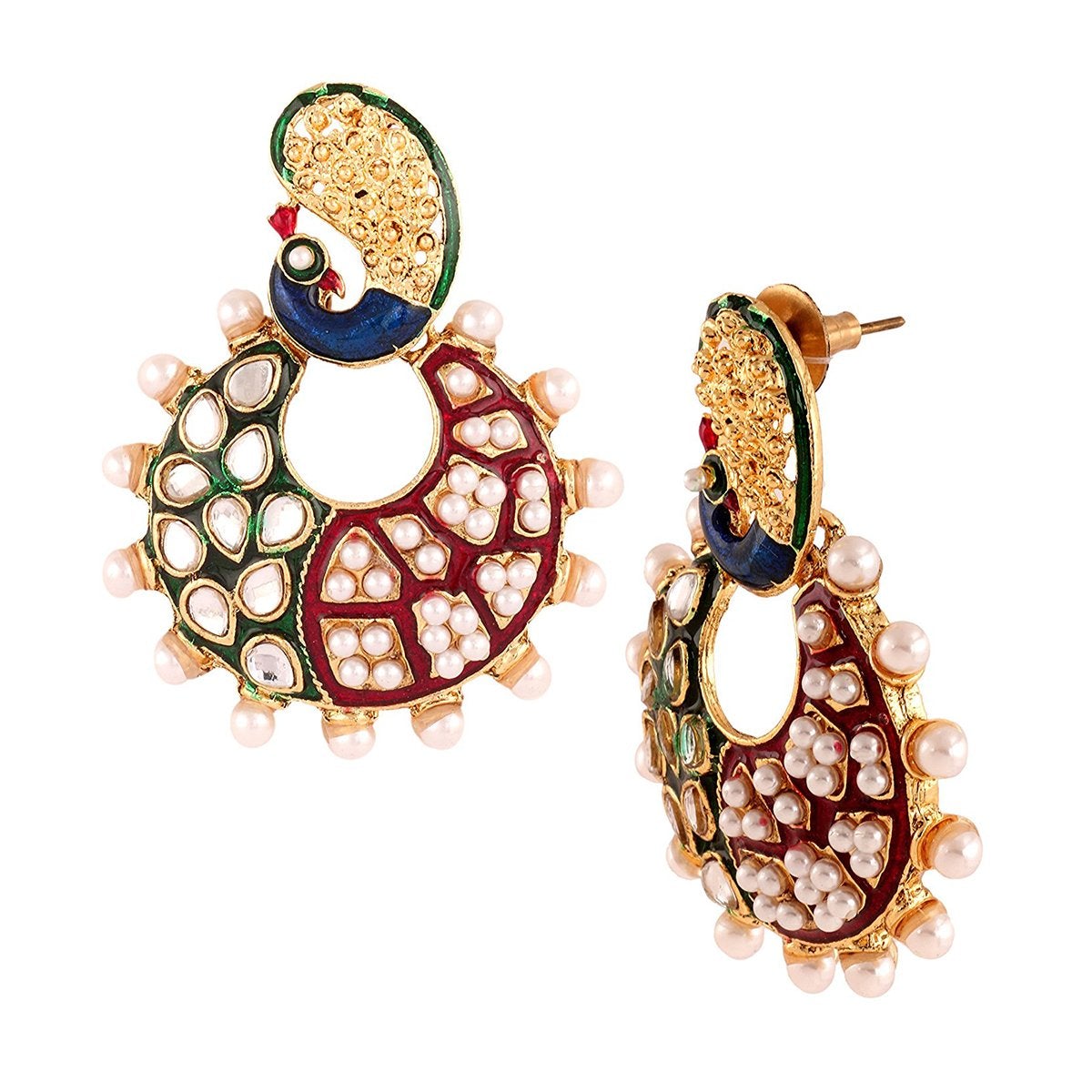 Peacock Chaand Bali Gold Maroon Green Blue Pearl Jhumki Earring Bulk