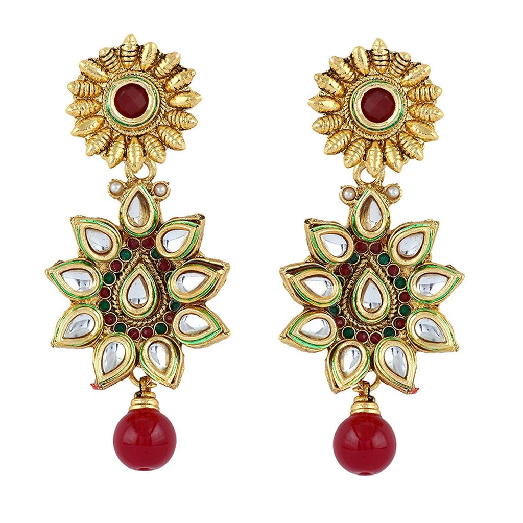 Flower 22K Antique Gold Kundan Ruby Red Dangling Earring Women Bulk