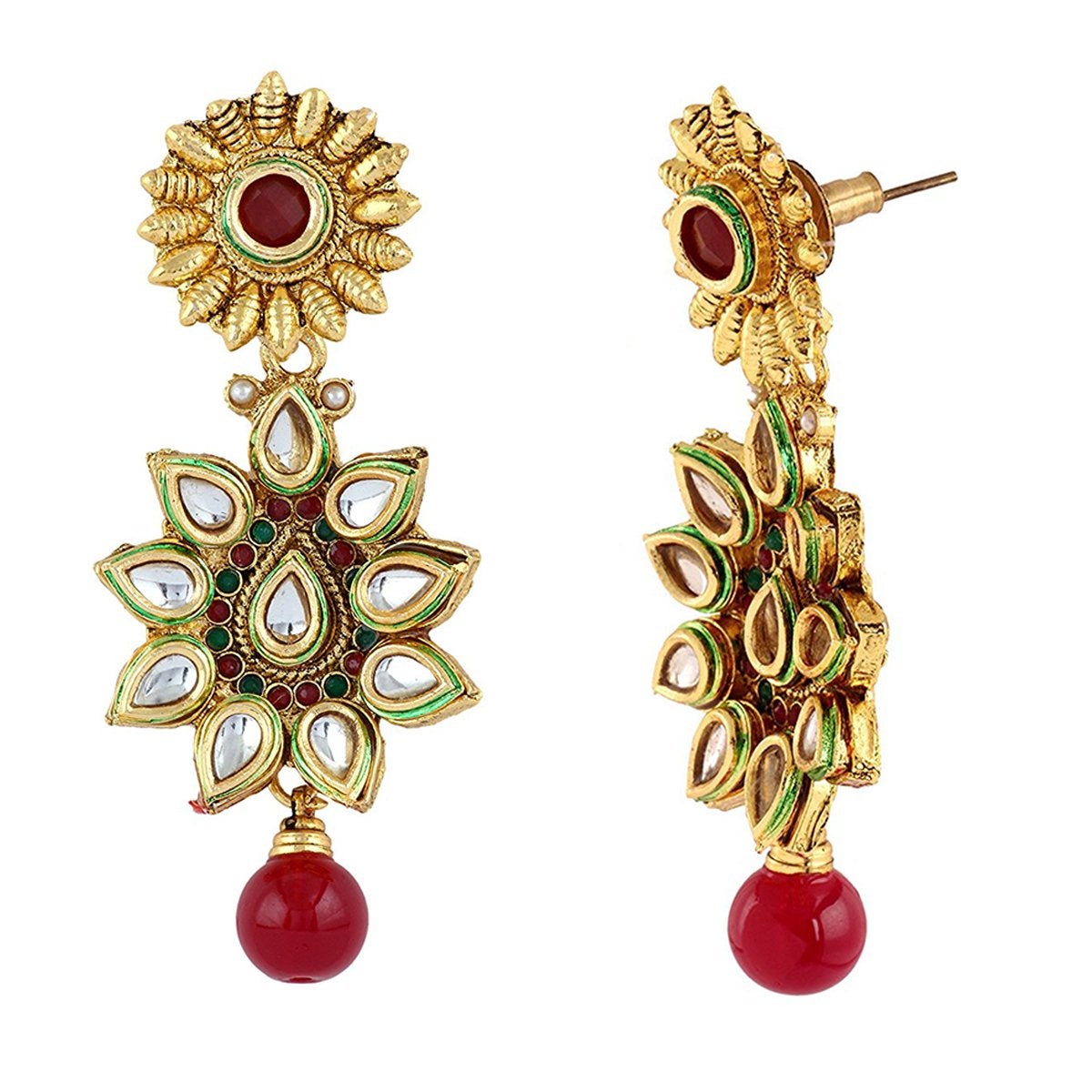 Flower 22K Antique Gold Kundan Ruby Red Dangling Earring Women Bulk