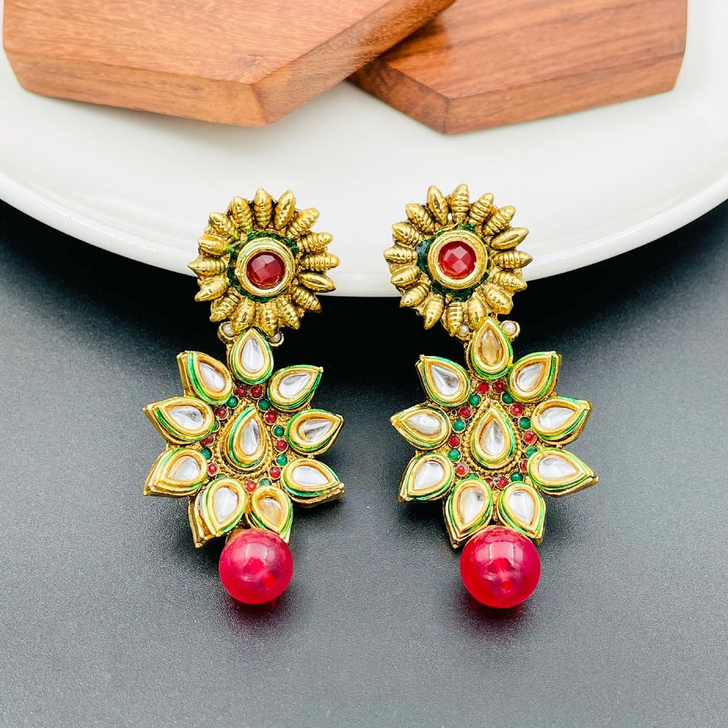 Flower 22K Antique Gold Kundan Ruby Red Dangling Earring Women Bulk