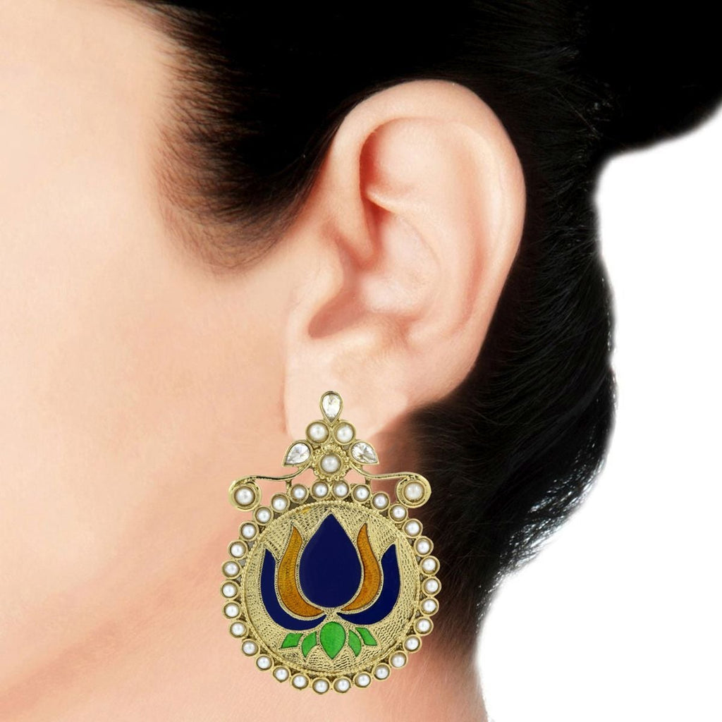 Statement Large Lotus Flower Blue Yellow Stud Earring For Women Bulk