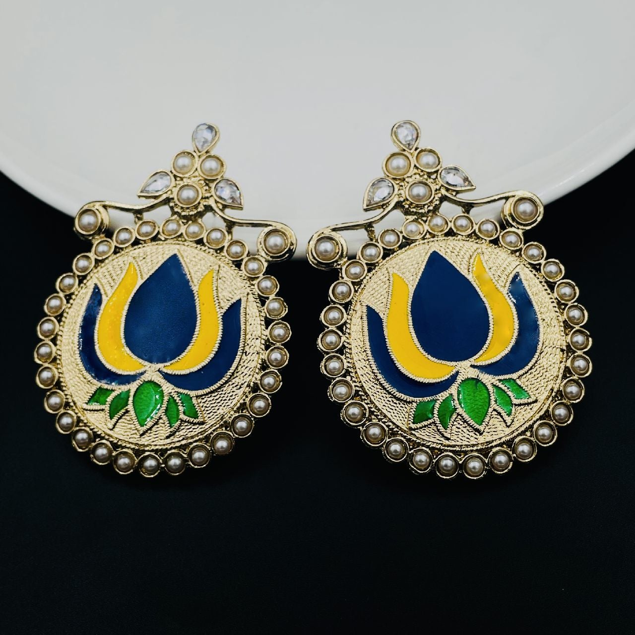 Statement Large Lotus Flower Blue Yellow Stud Earring For Women Bulk