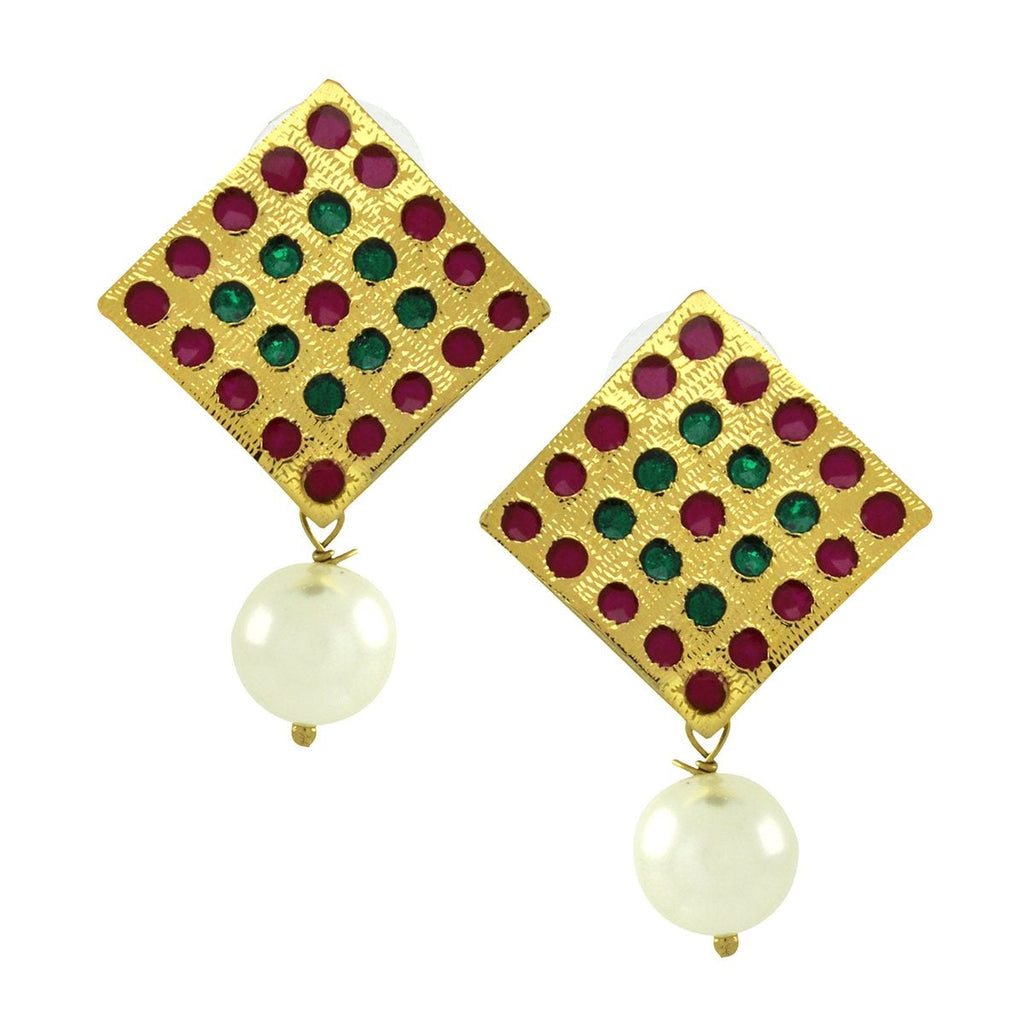 Square Pink Green Pearl Antique Gold Plated Earring For Women Bulk
