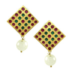 Square Pink Green Pearl Antique Gold Plated Earring For Women Bulk