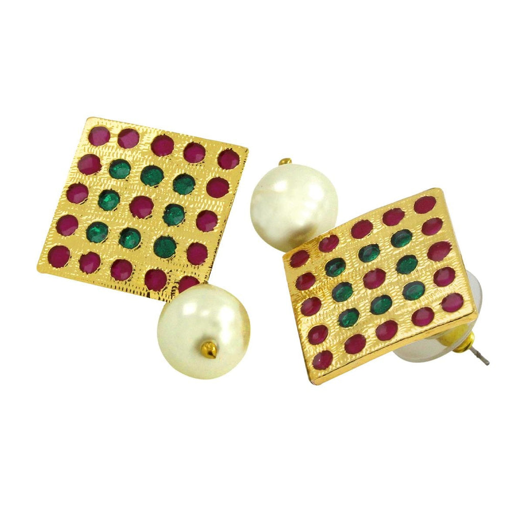 Square Pink Green Pearl Antique Gold Plated Earring For Women Bulk