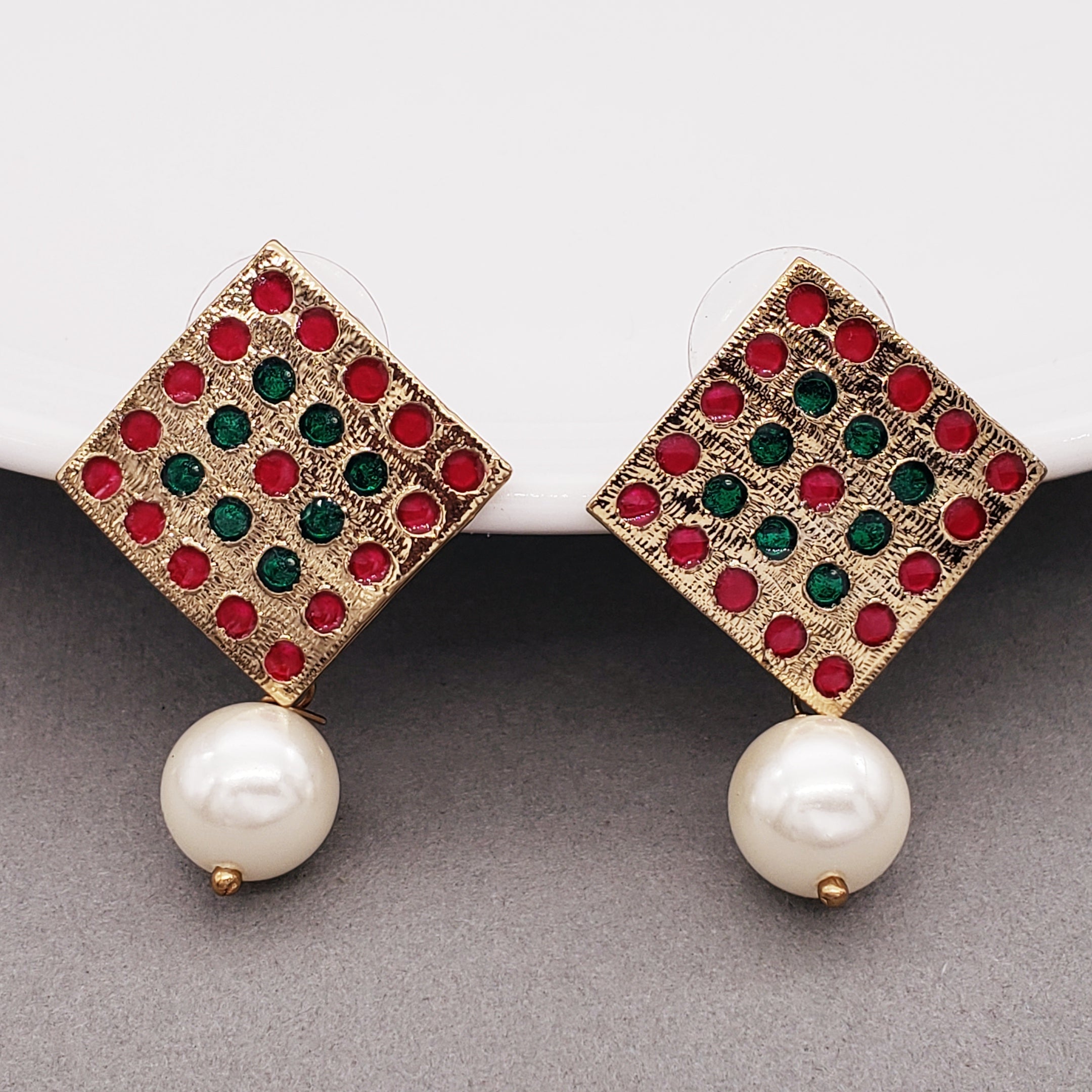 Square Pink Green Pearl Antique Gold Plated Earring For Women Bulk Main image