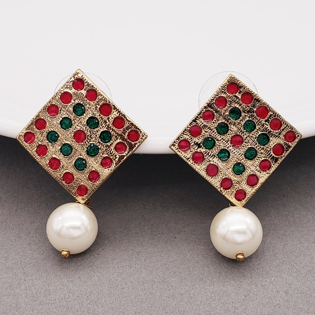 Square Pink Green Pearl Antique Gold Plated Earring For Women Bulk