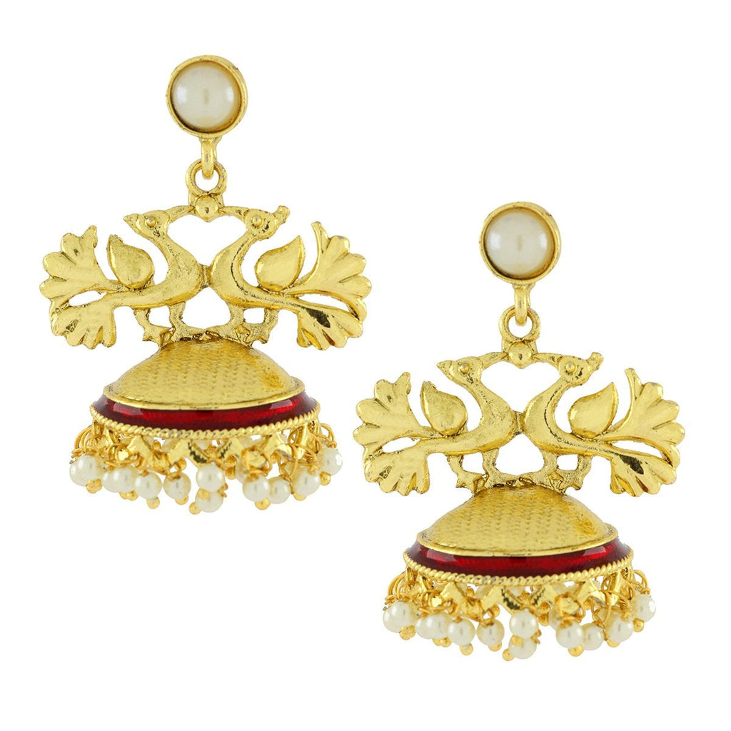 Peacock Crown Gold Plated Maroon Meenakari Jhumki Earring Women Bulk